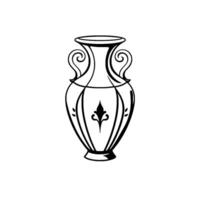 Minimalist Black and White Illustration of a Classical Urn with Ornate Handles and Decorative Details in Outline. vector