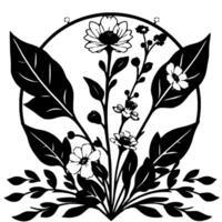 Elegant Black and White Floral Arrangement within a Circular Frame, Depicting a Botanical Illustration vector