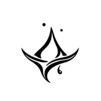 Abstract black and white geometric symmetrical with sharp lines, teardrop, and dotlike elements, set against a clean white backdrop. vector
