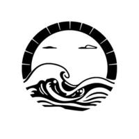 Stylized Black and White Circle Emblem Depicting Waves, Sun, and Clouds Within a Segmented Arch, Evoking a Serene Coastal Scene. vector