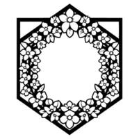Black and white hexagonal frame adorned with a delicate wreath of stylized floral elements, featuring an empty circular space in the center. vector