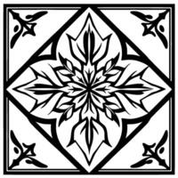 Geometric Floral Symmetrical tile featuring a central stylized flower surrounded by angular framing and corner accents, monochromatic, black and white. vector