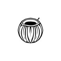 Stylized Black and White Drawing of an Open Coconut with a Straw, Set Against a Clean White Background. vector