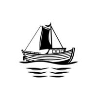 Monochromatic Illustration of a Sailing Boat on Water with Distinctive Black Sail, Wooden Hull and White Background. vector