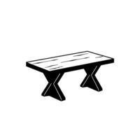 A minimalist black and white illustration of a wooden bench with crosslegged supports, isolated against a white background. vector