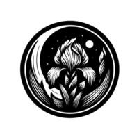Black and White Iris Blossom Enclosed in a Circle with Moon, Stars, and Leaves, Minimalist and Botanical . vector