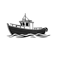 Minimalist Black and White Illustration of a Fishing Boat, Navigating Gentle Waves, Clean Lines, Simple , and Marine Theme. vector