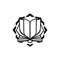 Monochromatic emblem Open book with stylized hands framing and geometric elements, symbolizing knowledge and learning, on a white background. vector