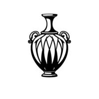 Intricate Black and White Illustration of a Classic Greek Amphora with Geometric Patterns and Scroll Handles on White Background. vector