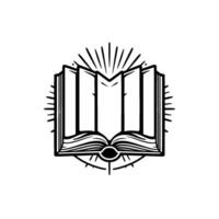 Illuminated Open Book Emblem, Black and White, with Radiant Sunburst and AllSeeing Eye Centerpiece, Symbolic of Knowledge. vector