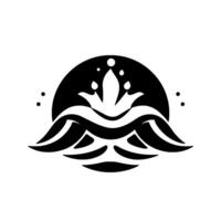 Abstract black and white floral featuring waves, crest, and droplets within a circle. vector