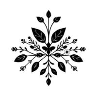 Symmetrical Black and White Botanical Illustration Leaves, Flowers, and Branches in a Decorative, Composition. vector