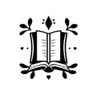 Elegant Monochromatic Illustration of an Open Book with Ornate Floral and Heart Accents, Suggesting Knowledge, Romance, and Nature. vector
