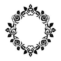 A symmetrical, blackandwhite circular floral wreath with roses, leaves, and stylized ornamentation, centered on a white background. vector