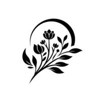 Elegant black and white floral featuring stylized blooms, leaves, and a semicircular frame, on a plain background. vector