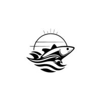 Minimalist Black and White A Fish Leaping Over Waves Under a Rising Sun or Moon vector