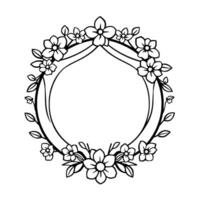 Floral Circle in Black and White An Elegant Arrangement of Flowers and Leaves Forming a Decorative Frame. vector
