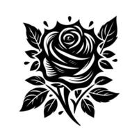 Bold Black and White Rose Illustration with Leafy Accents, Featuring Intricate Details and Sharp Lines on a White Backdrop. vector