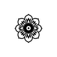 Symmetrical, Stylized Black Floral Illustration with Detailed Petal Patterns and Central Circle Against a Bright White Background vector