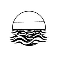 Illustration of a Rising Sun over Wavy Ocean Black and White minimalist for art and logos, showcasing a tranquil scene of a sunrise on the sea. vector