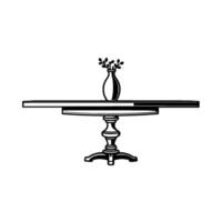 Minimalist black and white illustration of an oval dining table, holding a vase with plant stems, centered against a white background. vector