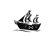Silhouette of a pirate ship sailing on waves, featuring a skull and crossbones emblem on its main sail, against a clean white background. vector