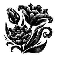 Intricate black and white floral illustration featuring detailed tulip blooms, buds, and elegant foliage with line art texture, set against a clean white backdrop. vector