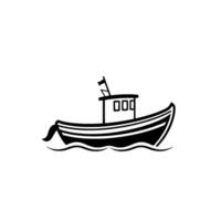 Stylized Black and White Illustration of a Fishing Boat with a Cabin and Flag Sailing on the Water, Minimalist . vector