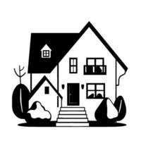 A , symmetrical twostory house illustration in stark black and white, complete with a dormer window, balcony, and minimalist landscaping. vector
