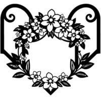 Elegant Black and White Floral Wreath Frame with Intricate Details, Swirls, and Geometric Accents on White Background. vector