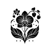 Elegant black and white orchid illustration, featuring intricate floral with leaves and delicate dotted accents on a clean white background. vector