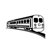 illustration of a modern passenger train in black and white, moving along a curved track, set against a white background. vector