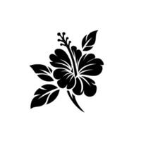 Bold Black and White Minimalist Hibiscus Flower Silhouette with Leaves, Centered on a White Background. vector