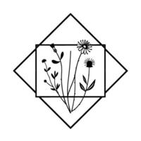 Black and white minimalist floral featuring wildflowers, enclosed within geometric diamond and square frames on a white background. vector