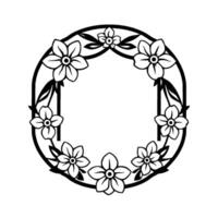 Monochromatic Floral Circle Frame Decorative botanical arrangement of stylized flowers and leaves, within a circular border, creating an elegant, minimalist . vector