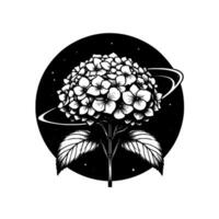 Black and White Floral Illustration Hydrangea with Planetary Rings in Cosmic Background, Botanical, and Stellar Elements. vector