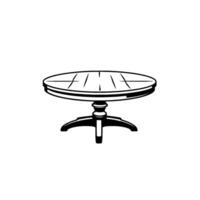 Black and white illustration of a classical round wooden coffee table with a pedestal base and a white background. vector