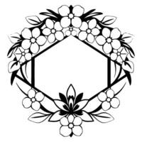 Elegant Floral Hexagon Frame with Delicate Flowers, Leaves and Central Empty Space in a Flat, Monochrome . vector