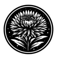 Intricate Black and White Floral Illustration Within a Circular Frame, Showcasing Detailed Petals and Leaves, Artistic . vector