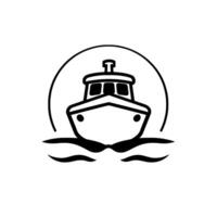 Minimalist Black and White of a Motorboat, Sailing on Water, Enclosed by a Circle, Clean, Nautical . vector