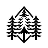 A bold, symmetrical black and white featuring three stylized pine trees encapsulated within a geometric diamondandtriangle frame, evoking natures tranquility. vector