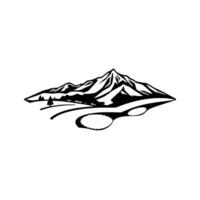 Black and white minimalist stylized landscape illustration of mountain range with trees and curved terrain. vector