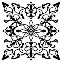 Symmetrical Floral Mandala in Black and White with Intertwined Petals and Leafy Elements Centered. vector