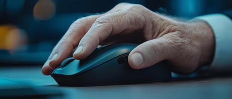 Close-Up of a Hand Gripping a Computer Mouse in a Professional Setting photo