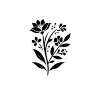 A symmetrical monochrome floral with large open flower, small florets, leaves, and berries on a white background. vector