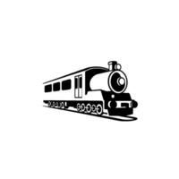 illustration of a classic steam locomotive train, black and white, positioned at a diagonal on a clean white background. vector