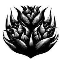 A stark, symmetrical of a stylized, multilayered floral form rendered in monochrome with sharp, spiky edges. vector