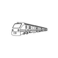 Black and white line art illustration of a modern passenger train, featuring detailed front view, multiple carriages, and minimalist on a white background. vector