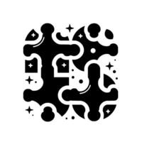 Abstract Black and White Geometric Composition Featuring Interlocking Shapes, Stars, and Dots on a White Background, with a Futuristic and Minimalist Aesthetic. vector