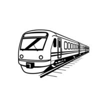 style illustration of a modern passenger train traveling on tracks, depicted in black and white with a minimalist aesthetic. vector